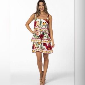 Farm Rio Floral Tiered Dress Mini Fall Pumpkin Boho Layered Rare One of a Kind